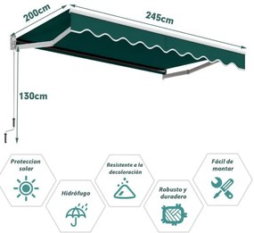 Toldo retrátil 295 x 250 cm com manivela manual para parede Porta Janel Verde