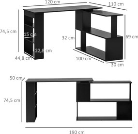 Mesa de Computador Secretária Mesa de Canto Giratória 360° com 5 Prateleiras 120x110x74,5 cm Preto