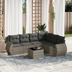 7 pcs conjunto sofás p/ jardim c/ almofadões vime PE cinzento