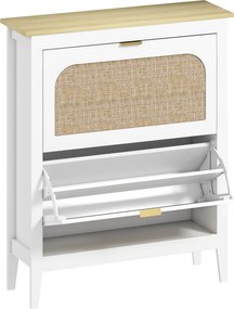 Sapateira Estreita com 2 Portas em Vime e Prateleiras Ajustáveis para 14 Pares de Sapatos 105x24x95,5 cm Branco