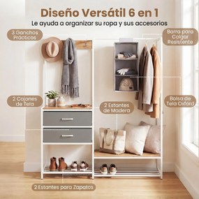 Guarda roupa aberto 138 x 35 x 161 cm com 2 gavetas dobráveis, estantes abertas, 3 ganchos, bolsa e 3 cubos organizadores Natural, branco