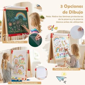 Cavalete infantil ajustável dobrável 56 x 53 x 120-145 cm dupla face com quadro branco magnético, rolo de papel, 4 copos, bandejas Natural + Vermelho