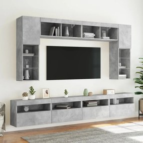 8 pcs conj. móveis de parede p/ TV luzes LED cinzento cimento