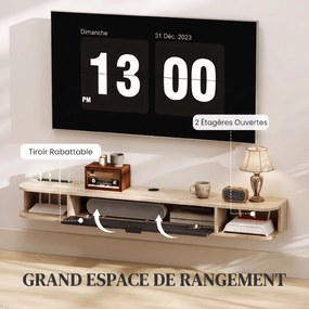 Móvel de TV suspenso 140 x 24 x 16 cm, móvel para televisores até 60 polegadas, gaveta rebatível, 2 prateleiras, madeira cor natural e preto