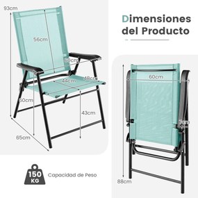 Conjunto de 2 cadeiras de jardim dobráveis portáteis com encosto em tecido Estrutura metálica para piscina Terraço 65 x 60 x 93 cm verde