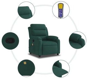 Poltrona de massagens reclinável veludo verde-escuro