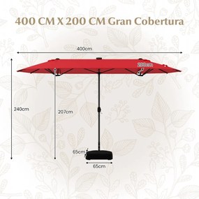 Guarda-sol jardim Duplo 4 x 2 m com Luzes Solares Manivela e Base pesada Vermelho