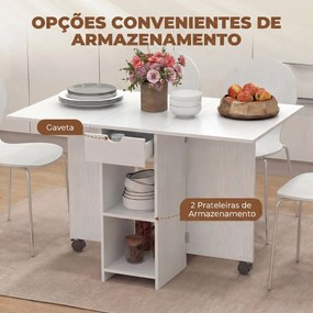 Mesa de Cozinha Dobrável com Rodas (CADEIRAS NÃO INCLUIDAS), Abas Rebatíveis, Gaveta e Prateleiras para 2-4 Pessoas 120x72x75 cm Branco