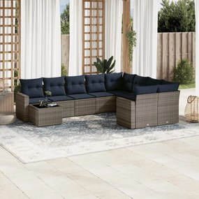 10 pcs conjunto sofás p/ jardim c/ almofadões vime PE cinzento