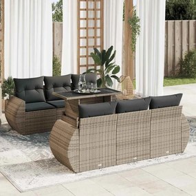 7 pcs conjunto sofás p/ jardim c/ almofadões vime PE cinzento
