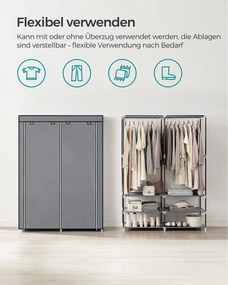 Guarda Roupa em tecido com 2 varões para roupa e 4 bolsos laterais 45 x 127 x 176 cm Cinzento