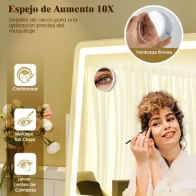 Espelho de maquilhagem com luzes grande de 80 x 55 cm com espelho de aumento de 10X Controlo tátil 3 modos de iluminação Branco