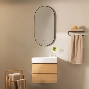 Conjunto De Móvel De Casa De Banho Em Madeira E Chapa De Freixo Com Lavatório Integrado Ona Madeira Natural & Ovale Led E Antifog Preto - Sklum