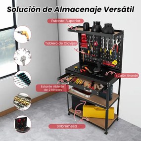 Bancada de trabalho para arrumação de ferramentas com tampo perfurado com gavetas 14 acessórios Estrutura metálica para garagem preto + vermelho