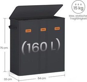 Cesto da roupa suja 160L com 3 compartimentos 64 x 33 x 75 cm, sacos interiores removíveis e laváveis, cesto da roupa com tampa preto