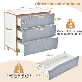 Cómoda de 3 gavetas Mesas de cabeceira com pegas integradas Dispositivo anti-inclinação para corredor de entrada Quarto 75 x 42 x 75 cm Cinzento