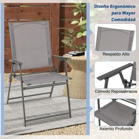 Conjunto de 2 cadeiras de jardim dobráveis com encosto alto Cadeira de jardim exterior portátil em metal de tecido resistente Cinzentas