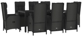9 pcs conjunto de jantar p/ jardim c/ almofadões vime PE preto