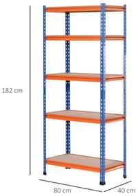 Estante Metálica de Armazenamento 80x40x182cm com 5 Prateleiras Altura Ajustável Carga Máxima por Prateleira 300kg para Armazenamento Garagem Oficina