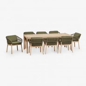 Conjunto De Mesa Retangular 220x100 Cm E 8 Cadeiras De Jardim Em Madeira De Acácia E Corda Trançada Karvia Bouclé Verde Sálvia - Sklum