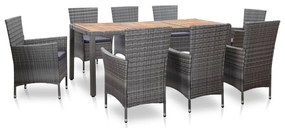 9 pcs conjunto jantar exterior c/ almofadões vime PE cinzento
