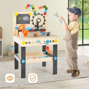 Bancada de ferramentas crianças 46 cm x 37 cm x 72 cm com conjunto de ferramentas Acessórios Quadro branco Estante suspensa multicolorida