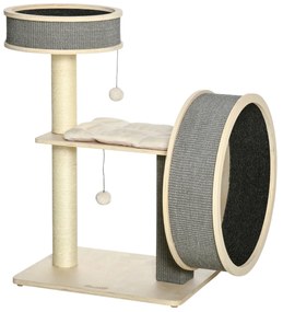 PawHut Árvore Arranhador para Gatos Médios Altura 91cm Torre de Escalada Gatos com Roda para Exercitar Cama Plataforma Almofadas Poste de Sisal e Bolas de Brinquedo Cinza e Creme