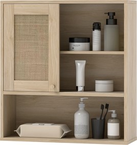 Armário de parede de casa de banho 60L x 19,8l x 65A cm, com porta de correr em rattan e prateleiras abertas, madeira natural