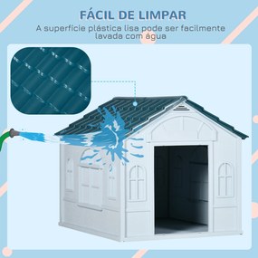 Casota para Cães 65x75,7x63 cm Casa para Cães com Janelas e Teto com Telhas de Imitação para Cães Médios Azul e Branco