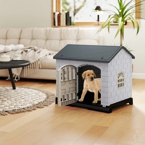Casota dobrável 75 x 58 x 65 cm de plástico para cães resistente às intempéries para animais de estimação com bandeja sanitária Porta Cinzento escuro