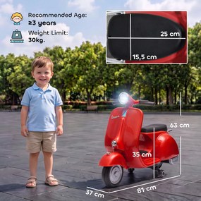 Mota Elétrica Infantil VESPA 6V com Arranque Suave, Rodas de Apoio, Luz, Música e USB - Vermelho