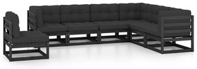 7pcs conjunto longue de jardim c/ almofadões pinho maciço preto