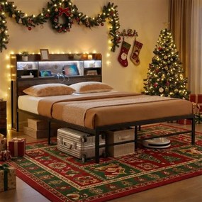 Estrutura cama 200 x 140 cm (COLCHÃO NÃO INCLUIDO) com Luzes LED e Estação de Carregamento 16 Cores 4 Modos Castanho Rústico e Preto