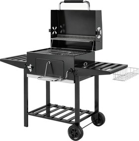 Outsunny Barbecue a Carvão com Bandeja Ajustável, Prateleiras Dobráveis, Rodas, Termómetro, Tampa, Chaminé, Ventilação e Cesto | Aosom Portugal