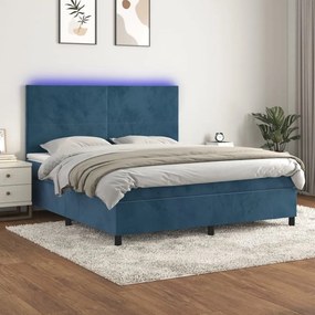 Cama box spring c/ colchão/LED 160x200 cm veludo azul-escuro