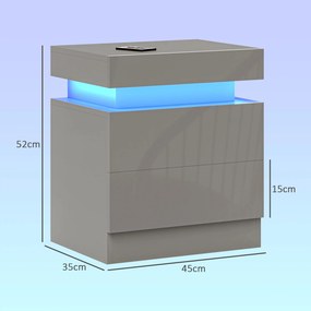 Mesa de Cabeceira com Luz LED Painel de Alto Brilho 2 Gavetas e Controlo Remoto para Dormitório 45x35x52 cm Cinzento