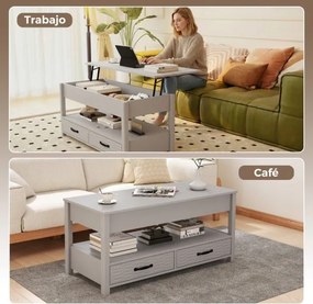 Mesa de centro elevável 100 x 46 x 50 cm com compartimento de armazenamento oculto, prateleira aberta e 2 gavetas para sala de estar cinza