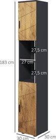 Armário de coluna para casa de banho com 2 portas 30 x 30 x 183 cm,, prateleira ajustável e 2 nichos, cor carvalho e cinzento escuro