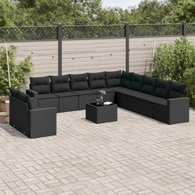 12 pcs conjunto de sofás de jardim c/ almofadões vime PE preto