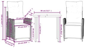 3 pcs conjunto de jantar p/ jardim c/ almofadões vime PE cinza