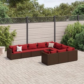 vidaXL 10 pcs conj. sofás jardim com almofadões vime PE castanho