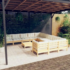 12 pcs conjunto lounge de jardim c/ almofadões cor creme pinho
