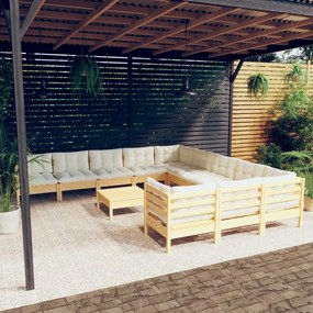 vidaXL 12 pcs conjunto lounge de jardim c/ almofadões cor creme pinho