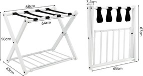 Conjunto 2 estantes de metal para bagagens até 60 kg com 4 correias estáveis e 2 pisos para casa e hotel 68 x 43 x 58 cm Branca