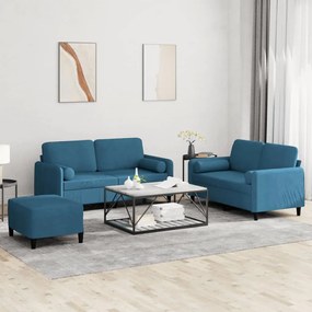 3 pcs conjunto de sofás com almofadas veludo azul