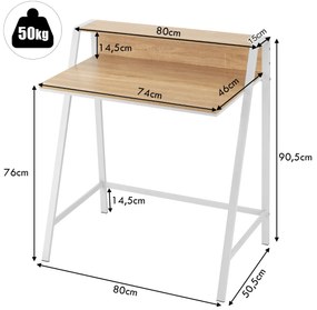 Secretária para computador com 2 níveis para PC Portátil para pequenos espaços 80 x 50,5 x 90,5 cm Natural