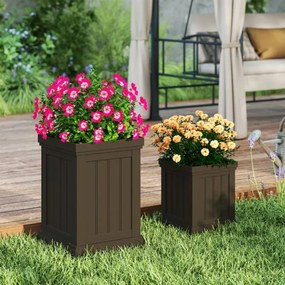 Conjunto de 2 vasos quadrados para flores de plástico com orifícios de drenagem e design empilhável para varanda, jardim Castanho