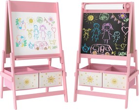 Quadro infantil 3 em 1: cavalete infantil de dupla face, quadro preto e branco, com rolo de papel, 54 x 46 x 94 cm, cor-de-rosa