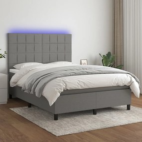 Cama box spring c/ colchão e LED 140x200 cm tecido cinza-escuro