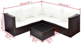 4 pcs conjunto lounge jardim c/ almofadões vime PE castanho